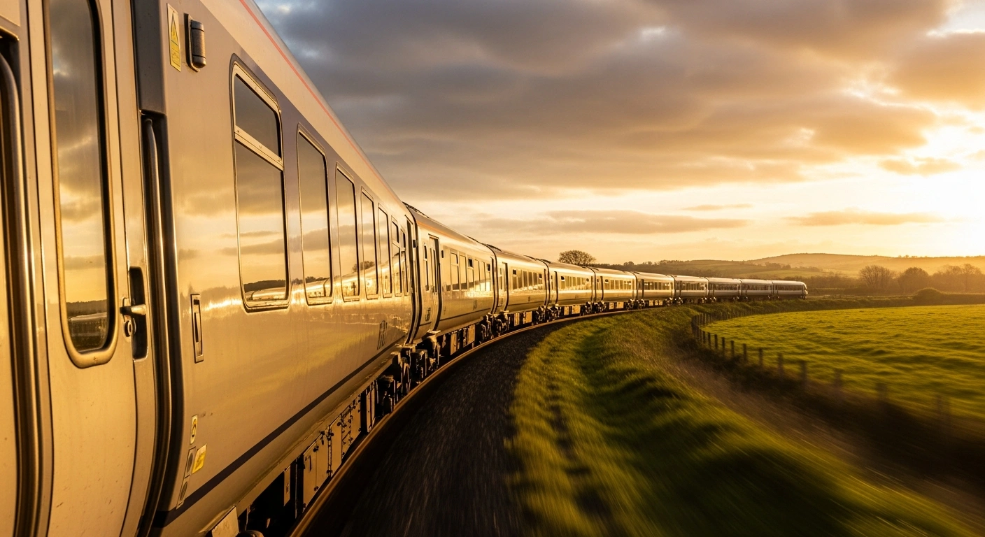 A modern intercity train, representing the Iarnród Éireann CONNECT rail project led by Mott MacDonald, travels through a lush Irish landscape at sunset, symbolizing the transformation and sustainability of the intercity rail network connecting cities like Dublin, Cork, and Limerick.