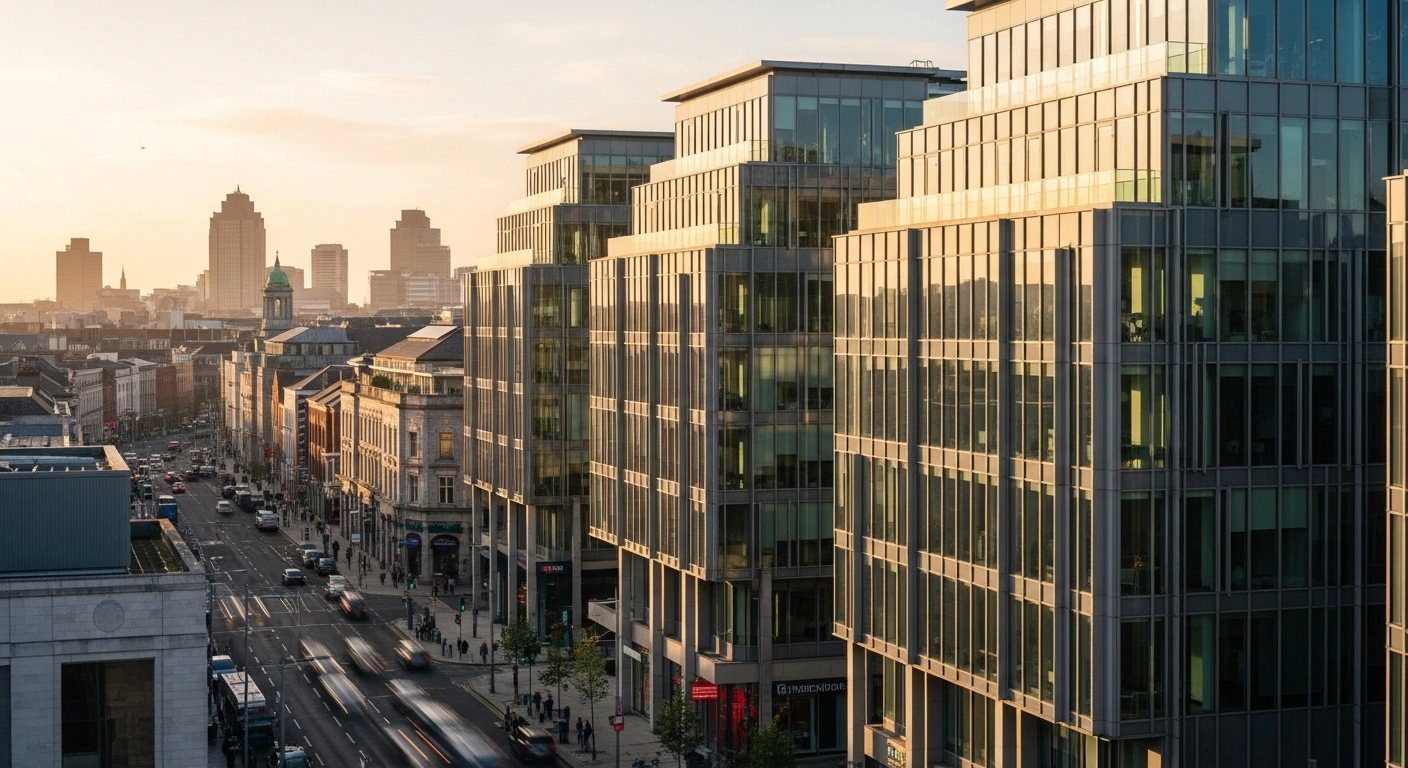 A modern Dublin business district glows under golden hour sunlight, representing the growth of Irish corporate tax revenue.