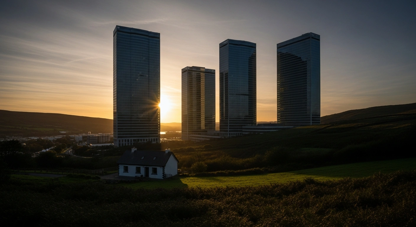 A wide, cinematic shot at dusk depicts three colossal, modern corporate towers casting long shadows over a small, traditional Irish cottage, symbolizing Ireland's significant fiscal reliance on a few multinational companies for corporate tax revenue.