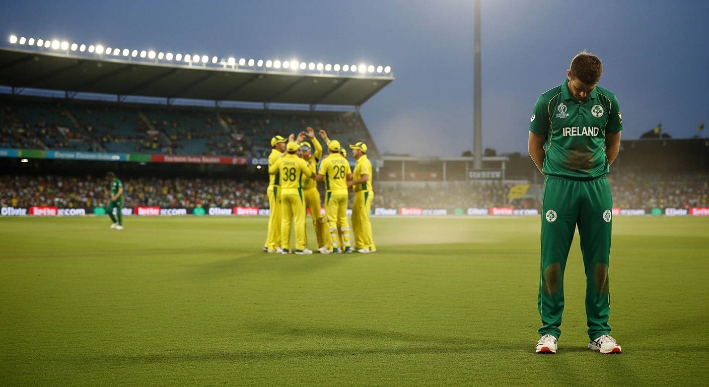 An Irish cricket player stands dejected on the field after their team's 67-run loss to Australia in the 2026 ICC Men's T20 World Cup in Colombo, with Australian players celebrating in the background.