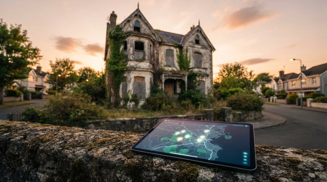 A digital tablet displaying a map of derelict residential properties in Ireland is positioned in front of an abandoned house to highlight housing transparency initiatives.