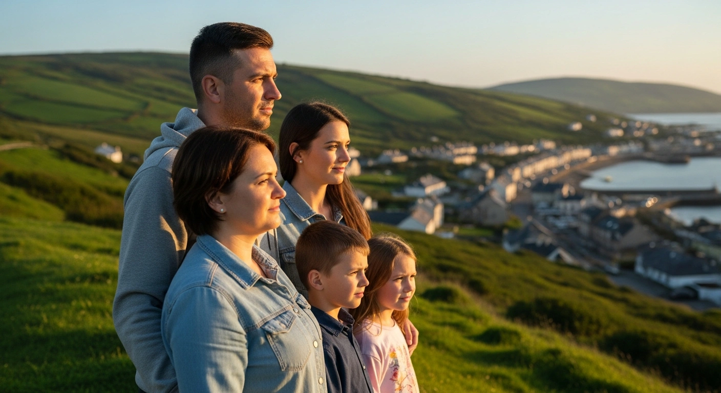 A Ukrainian family stands on a green Irish hillside, representing the extension of the Temporary Protection Directive for displaced people in Ireland until 2027.