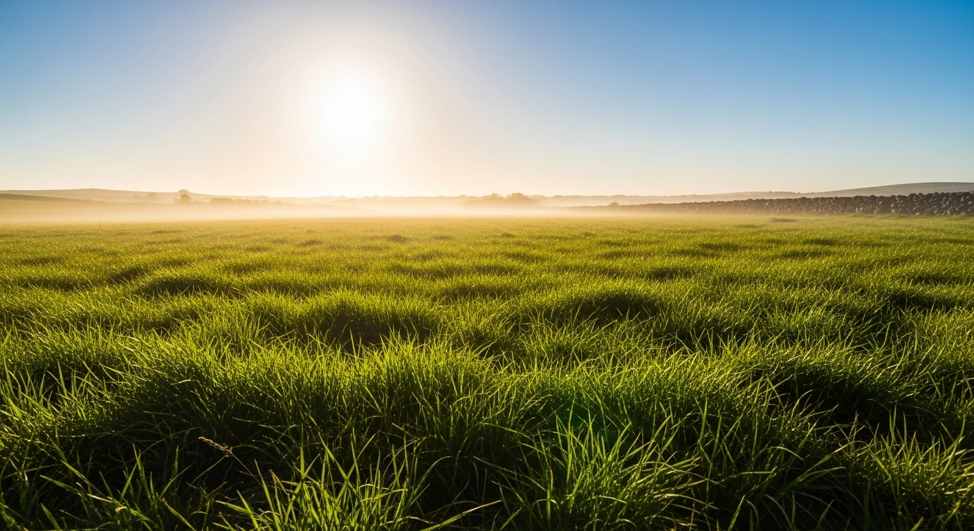 A sun-drenched Irish landscape experiences an intense heatwave with visible heat haze rising from the dry grass under a clear blue sky.