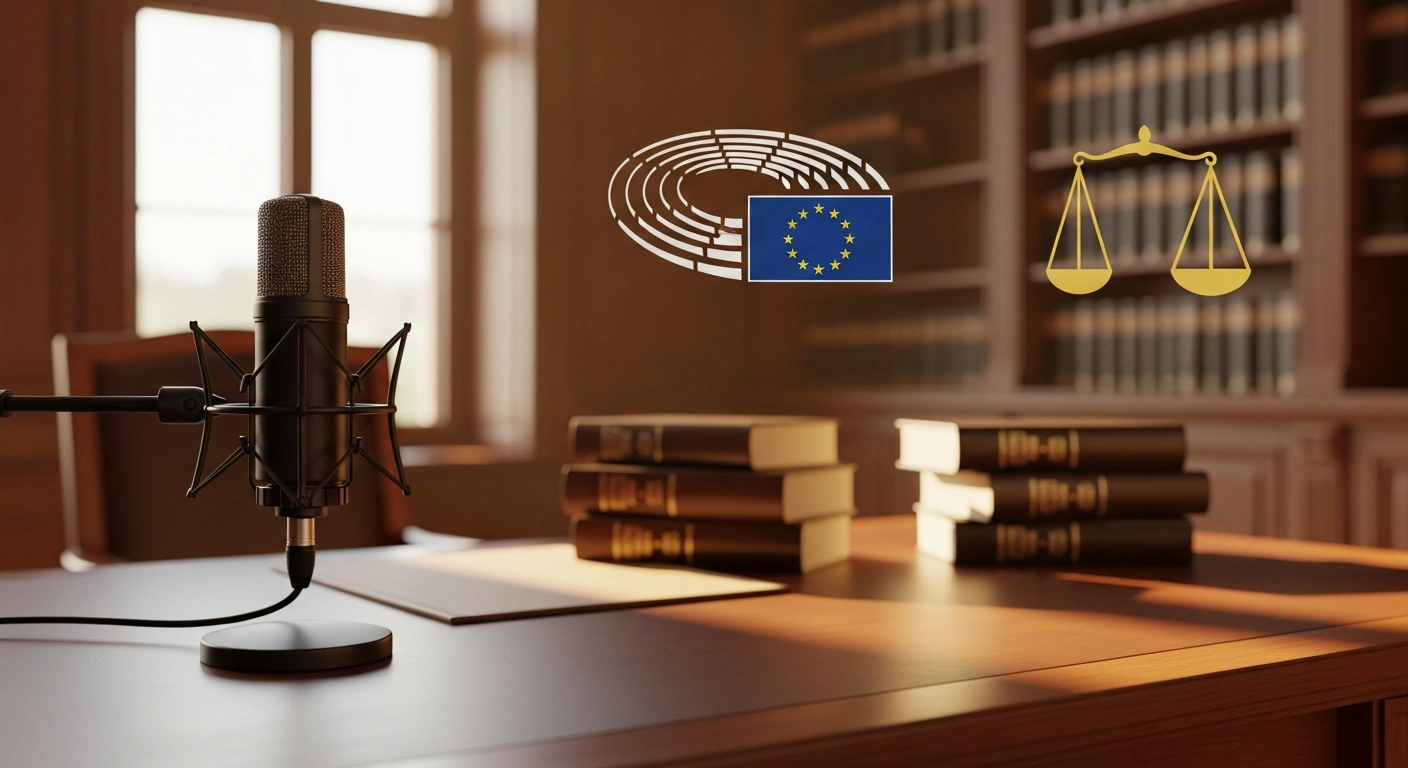A professional studio microphone sits on a desk in a library, representing Ireland's podcast series on the European Court of Human Rights.
