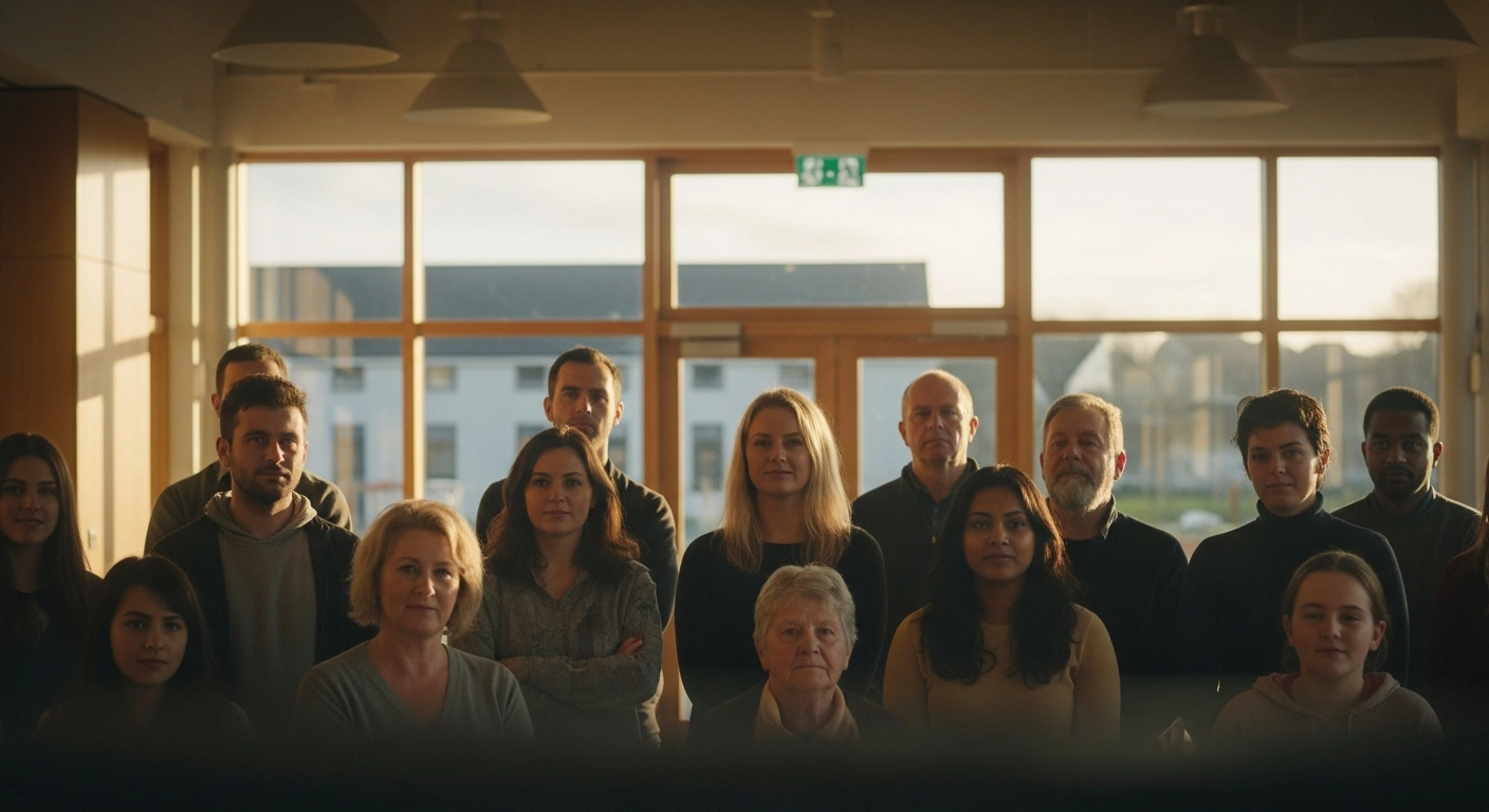 A diverse group of individuals, representing various ages and backgrounds, are gathered in a sunlit community center in Ireland, their faces showing optimism, symbolizing the €3.6 million in funding announced by Minister of State for Migration Colm Brophy for 117 not-for-profit organizations under the 2025 Integration Fund to promote migrant integration.