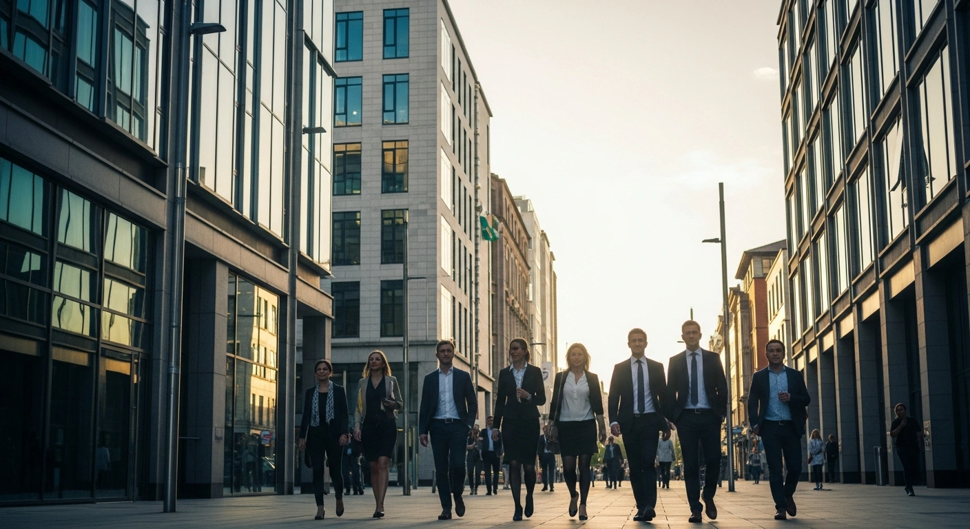 A group of professionals walking through a modern Dublin city center, representing the stability and growth of the Irish labor market as unemployment rates decline.