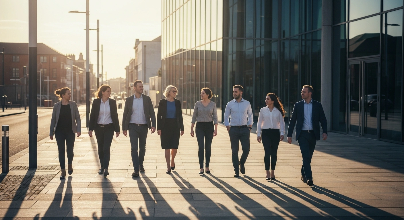 A diverse group of skilled international professionals walks toward a modern office building in Ireland, representing the country's updated employment permit system and labor market.