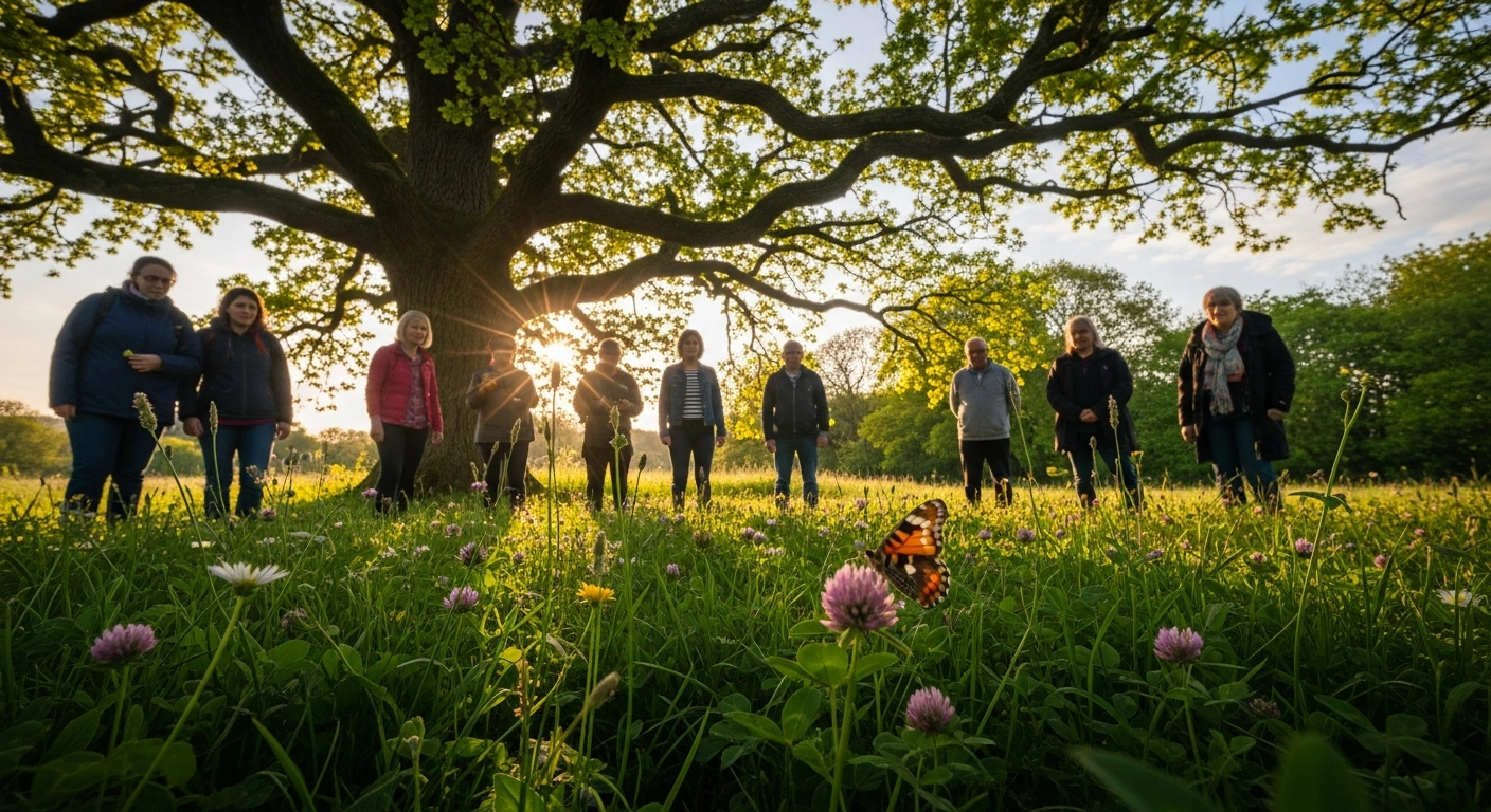 A group of people participates in a guided nature walk through a lush Irish meadow during National Biodiversity Week to learn about local wildlife and ecosystems.