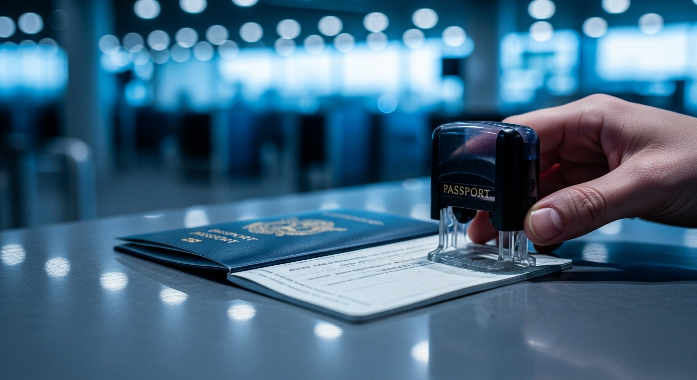 A close-up view of an official passport being stamped at an airport, representing the new visa requirements for citizens of Nicaragua, Saint Kitts and Nevis, and Saint Lucia traveling to Ireland.