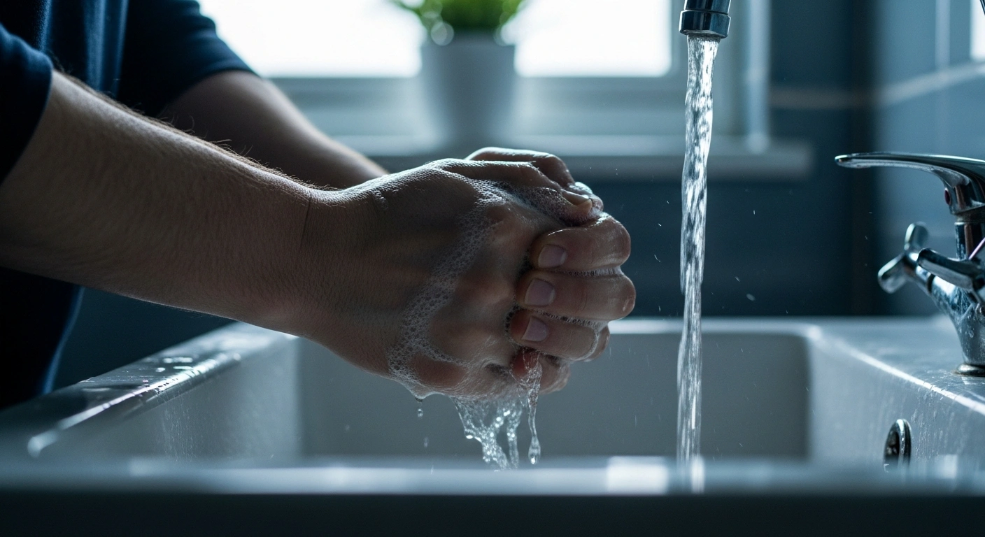 A close-up shot of hands meticulously washing under running water in a home, symbolizing the strict hygiene guidelines issued by the HSE in Ireland to combat the surging norovirus cases.