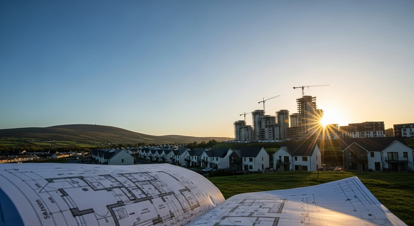 A low-angle shot of a modern, partially constructed urban skyline at dawn over an Irish landscape, with a detailed architectural blueprint in the foreground, symbolizing Ireland's implementation of the Planning and Development Act 2024 reforms to strengthen the planning system and accelerate housing delivery.