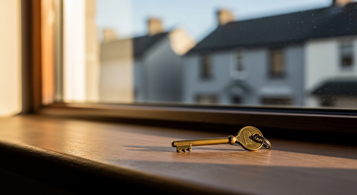 A close-up photograph features a single brass key resting on a wooden windowsill, illuminated by soft golden light, with blurred Irish architecture in the background, symbolizing the new stability and security for tenants under Ireland's rental laws, which include six-year tenancy rules and rent increase caps effective March 1, 2026, impacting new tenancy agreements.