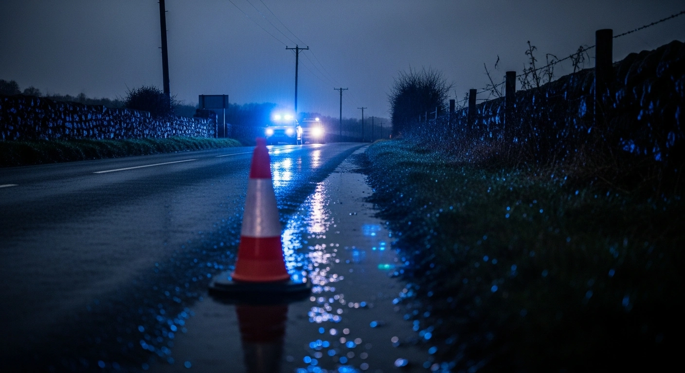 A rain-covered road in Ireland at twilight is illuminated by the blue flashing lights of Garda emergency vehicles following a series of fatal road collisions.