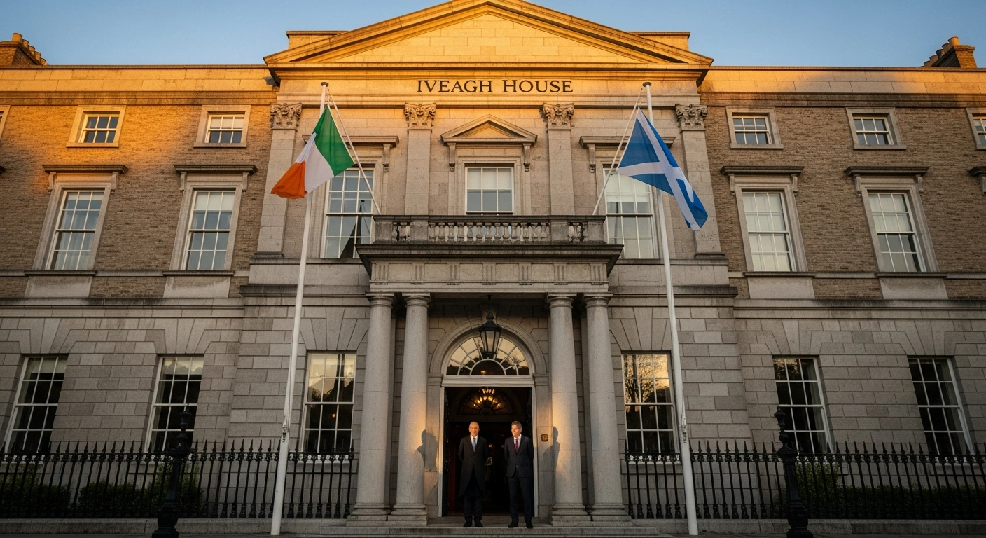 Minister Neale Richmond and First Minister John Swinney stand at the entrance of Iveagh House in Dublin, under soft golden hour light, symbolizing the official launch of the Ireland-Scotland Bilateral Cooperation Framework 2030 to strengthen links between the two nations.
