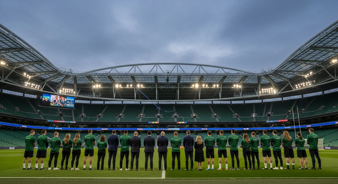 A wide shot of Aviva Stadium at dusk, with stadium lights beginning to illuminate, features a diverse group of Irish athletes and diplomats standing united in the foreground, symbolizing Ireland's new International Sports Diplomacy Strategy to strengthen diplomatic ties, foster diaspora connections, and boost economic growth through a 'Team Ireland' approach.