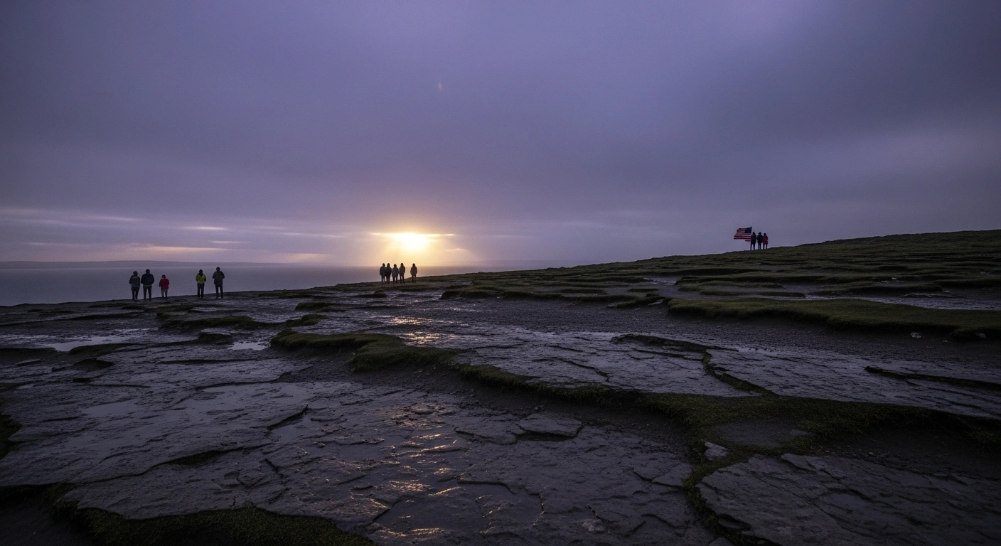 A wide shot of the Cliffs of Moher at dusk, showing a vast, mostly empty cliff walk with a small group of North American-looking tourists illuminated by a faint golden ray of sunlight, symbolizing the decline in Ireland's 2025 tourism sector despite growth from North American visitors.
