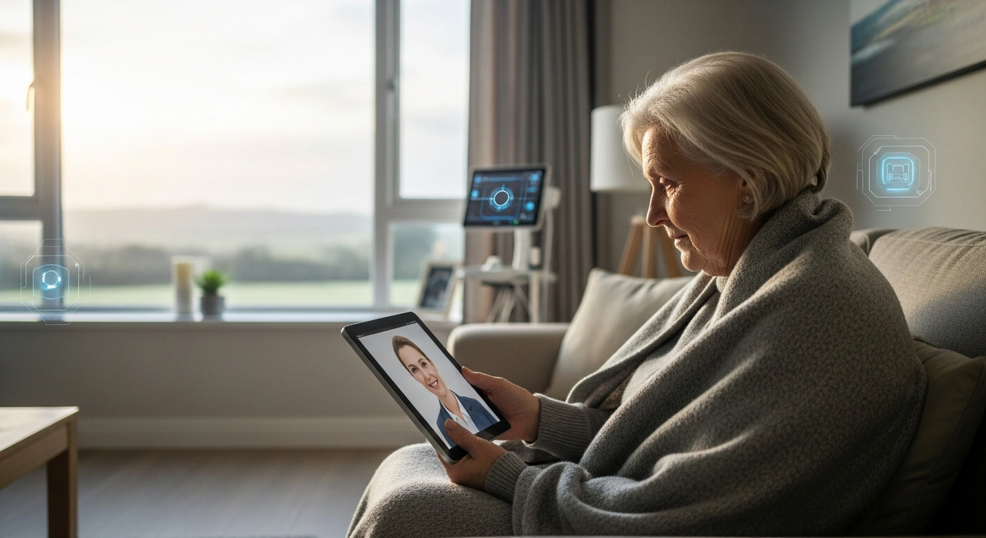 An elderly Irish woman, comfortably seated in a sunlit living room, interacts with a virtual doctor on a tablet, symbolizing Ireland's expanding virtual wards and digital health strategy for home recovery and improved patient outcomes.
