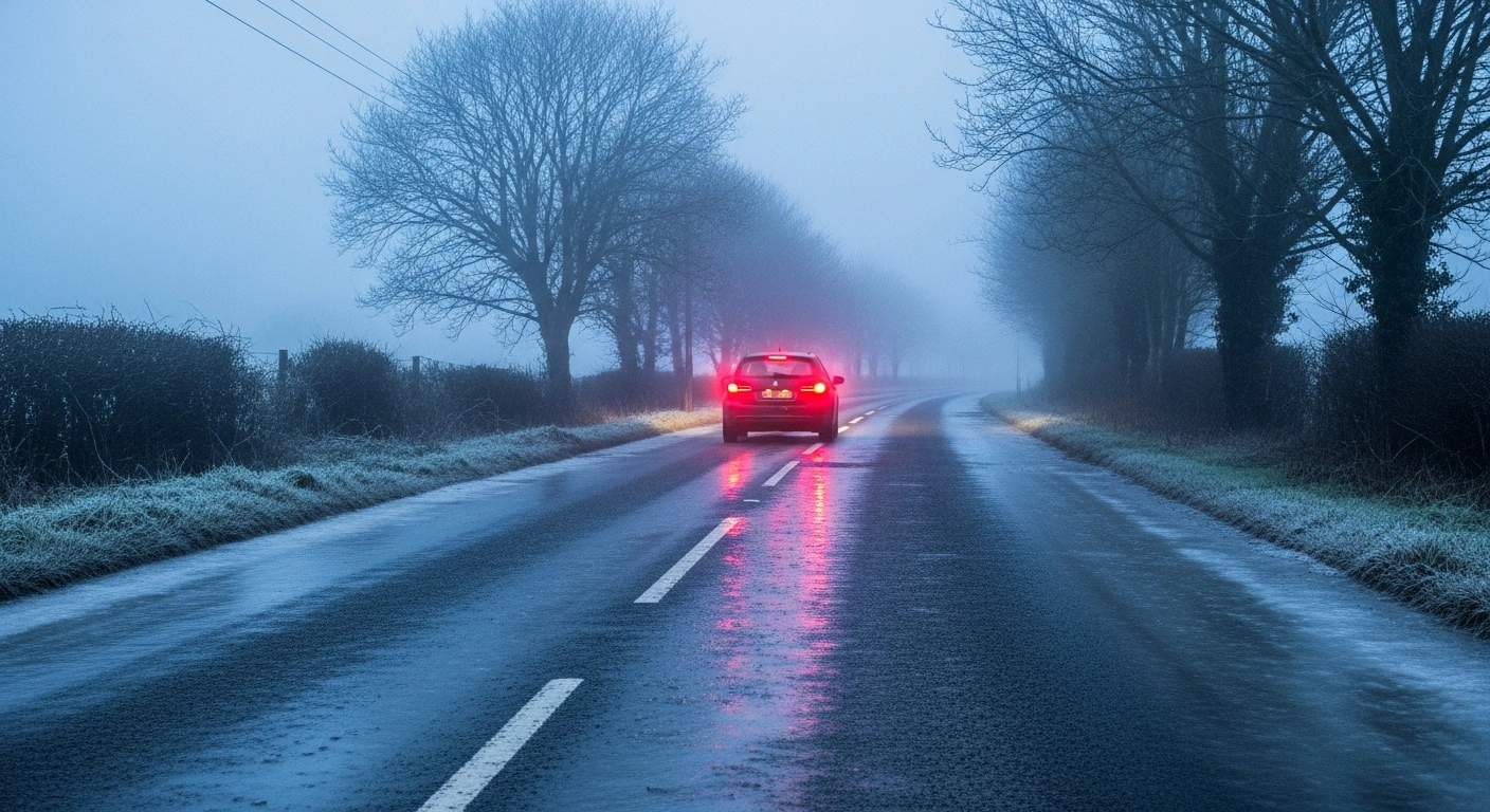 A desolate, icy rural road in Ireland at pre-dawn, with a car's red brake lights reflecting in frozen puddles, illustrating hazardous travel conditions due to Met Éireann's Status Yellow warnings for rain, ice, and low temperatures across Ireland, including Dublin and Wicklow.