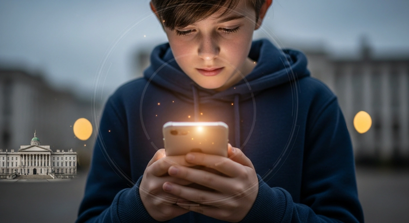 A young teenager's hands hold a smartphone, illuminated by its screen, with a subtle, glowing digital shield around them, symbolizing online safety and age verification measures for young people, reflecting the Irish government's focus on protection rather than a social media ban for under-16s.