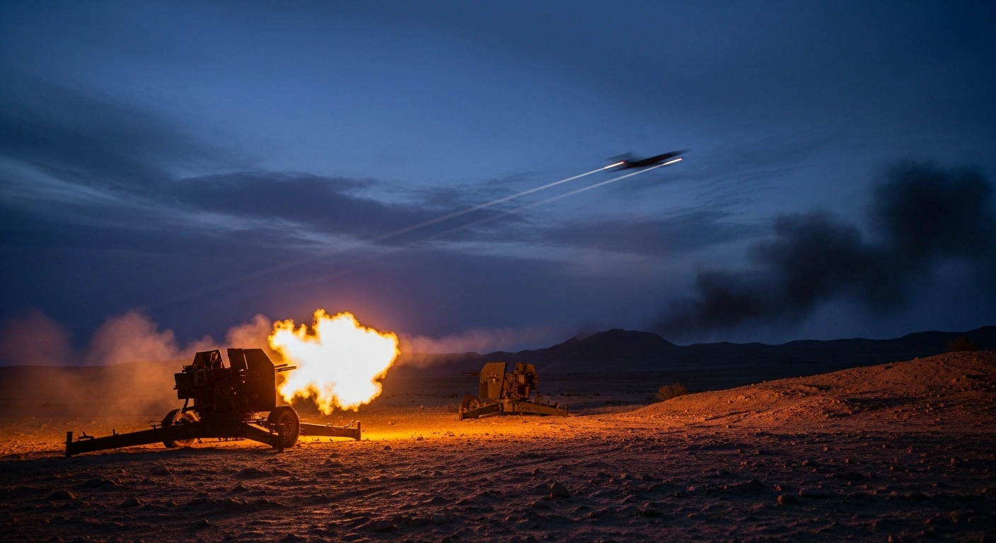 An Iranian air defense system fires missiles into the sky to intercept a U.S. drone and a fighter jet over a desert landscape.