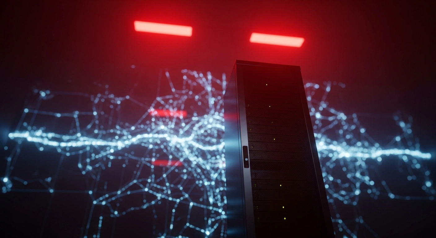 A dark server room with glowing red emergency lights represents the cybersecurity threats posed by the IRGC against United States technology firms.