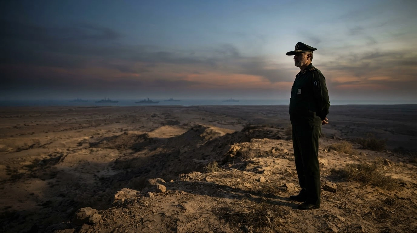 A silhouette of an Iranian military official stands on a desert ridge overlooking the sea, representing the IRGC's demand for the withdrawal of United States and Israeli forces from the Middle East.