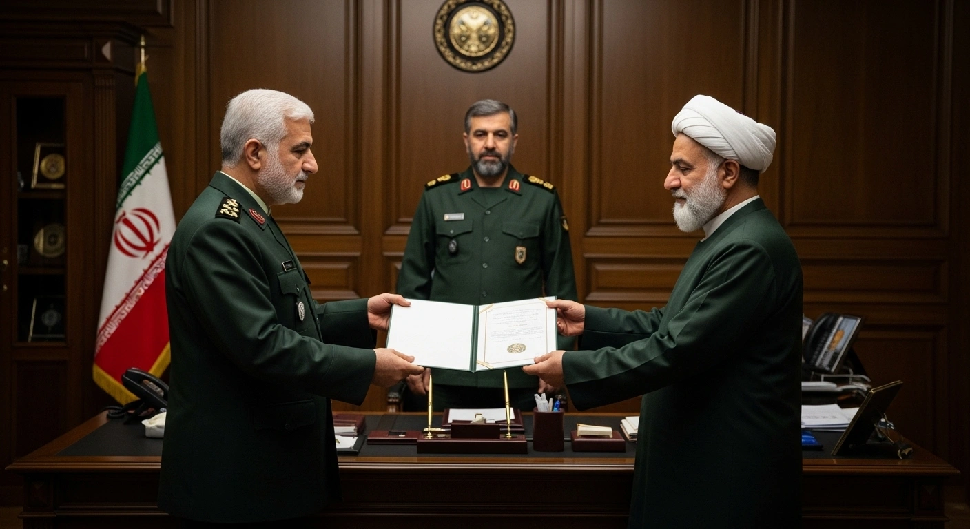 Major General Mohammad Pakpour, Commander of the Islamic Revolutionary Guard Corps (IRGC), formally appoints Brigadier General Hojatollah Ghoreishi as the new IRGC Deputy Coordinator, replacing Brigadier General Mohammad Reza Naghdi, who observes the transition in a formal military office.