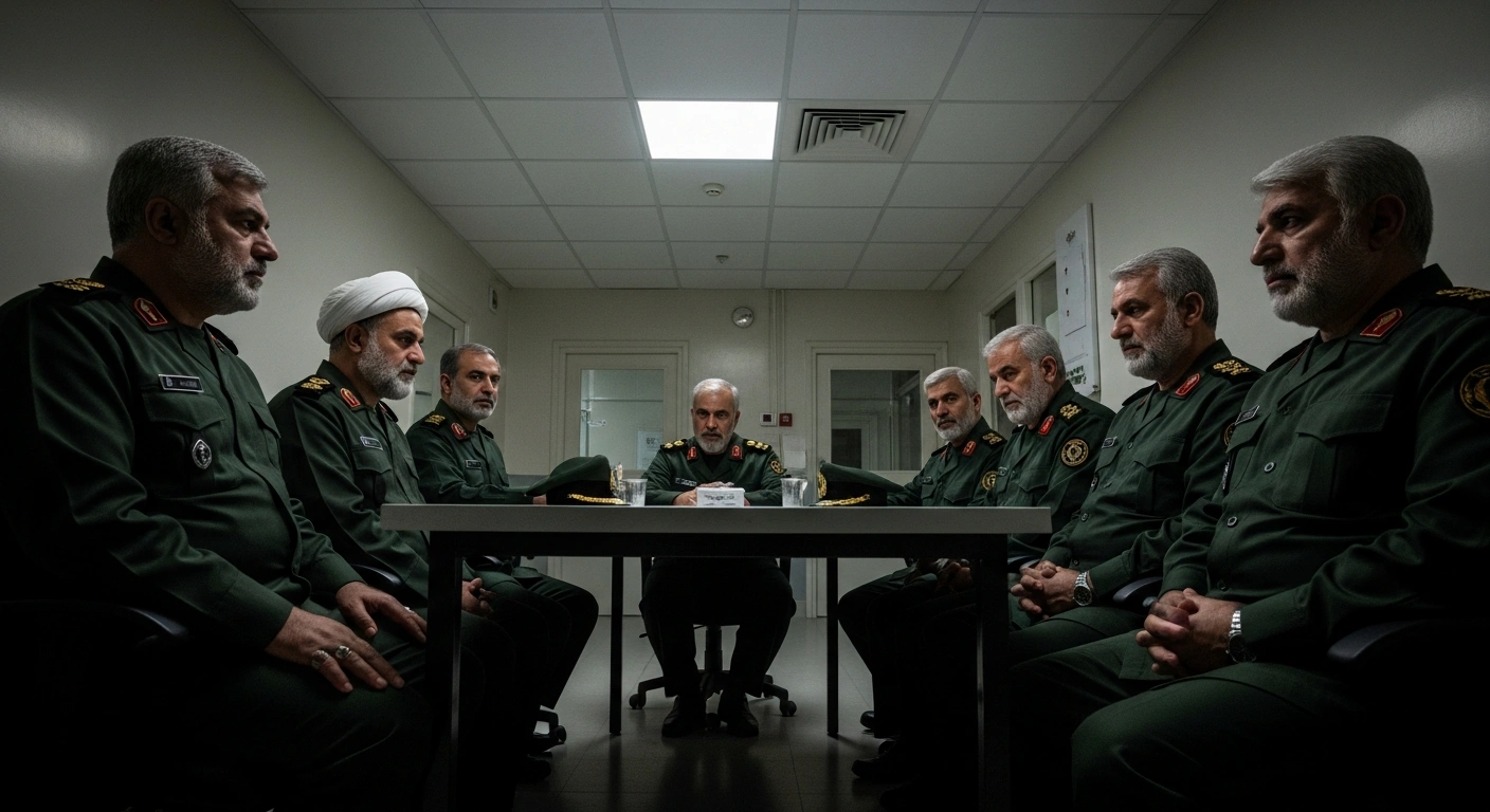 IRGC commanders in military uniforms are shown holding a non-medical meeting in a sterile hospital conference room in Iran, highlighting concerns about the militarization of civilian spaces and potential risks to patients and medical personnel.