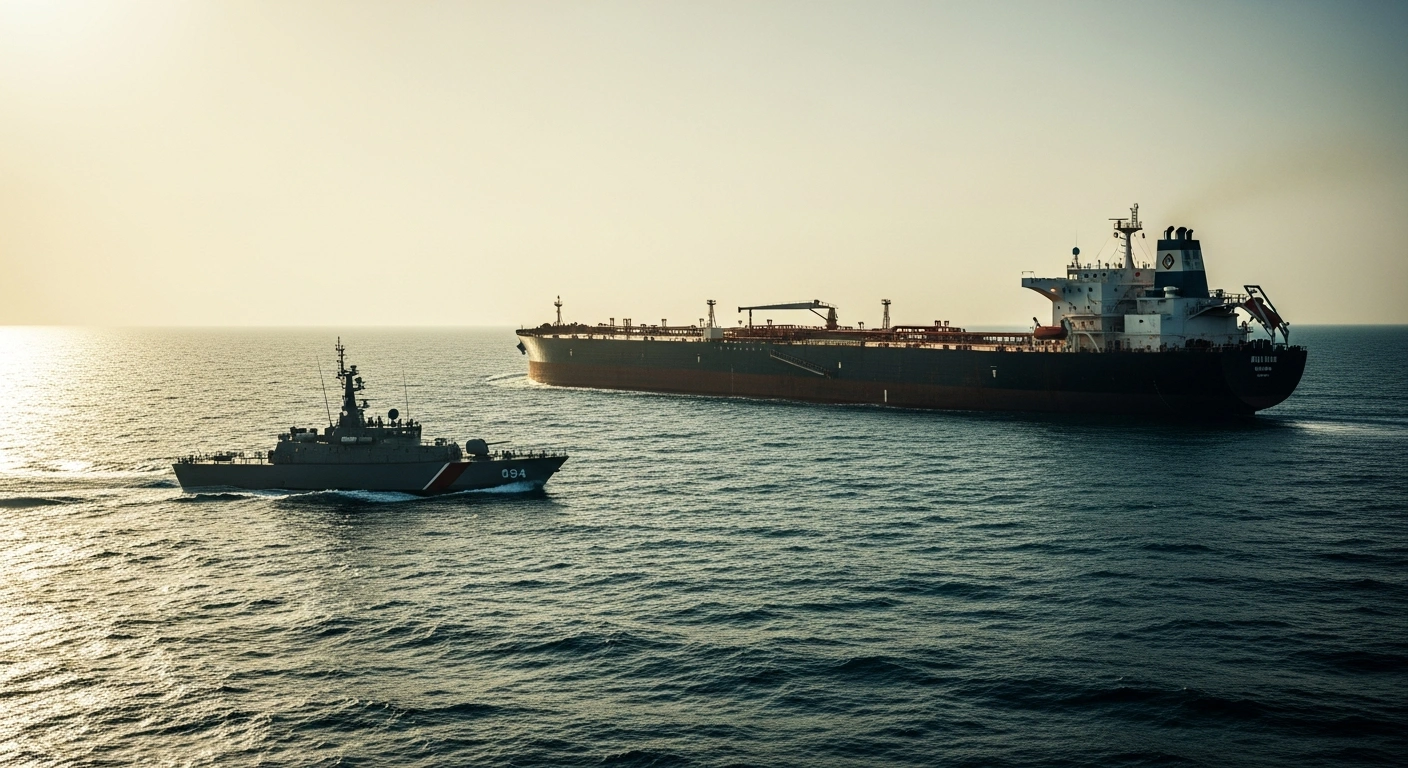 An Iranian military patrol boat intercepts a large foreign oil tanker in the Strait of Hormuz.