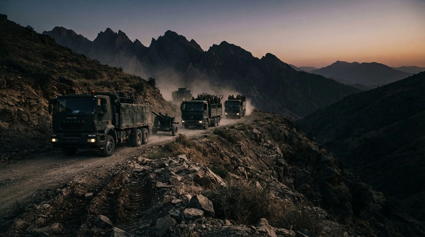 A convoy of Islamic Revolutionary Guard Corps military vehicles travels through a mountainous region in western Iran.