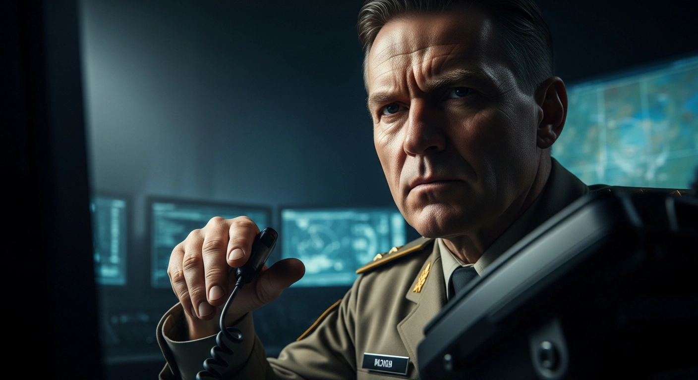 A stern-faced Iranian general, likely General Mohammad Pakpour of the IRGC, is depicted in a dimly lit command center, his hand poised near a communication device, symbolizing his warning to the United States and Israel that his forces are 'finger on the trigger' amidst heightened regional tensions.