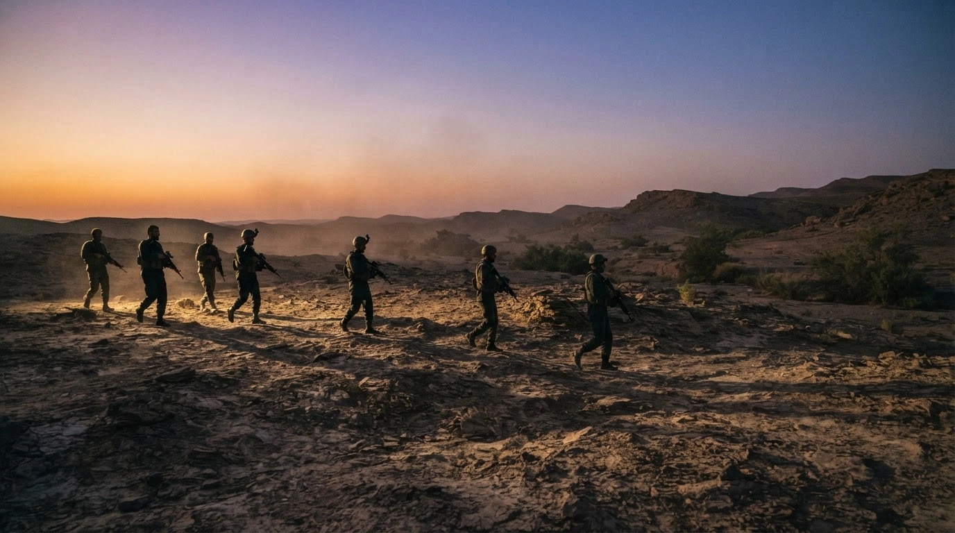 Iranian Revolutionary Guard Corps forces conduct a security operation in the arid landscape of Sistan and Baluchestan province near Zahedan.