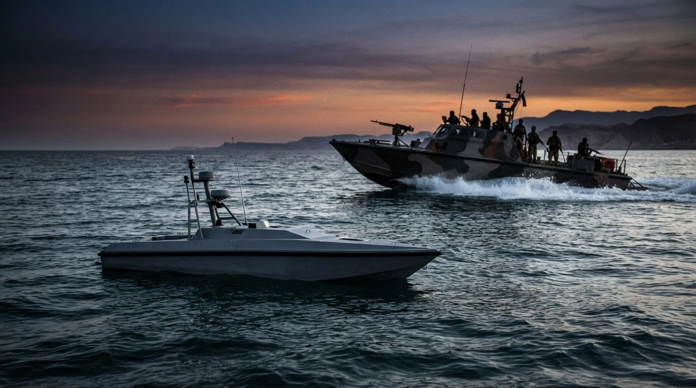 An Iranian naval patrol boat approaches a US-operated unmanned surface vessel in the waters near the Strait of Hormuz.