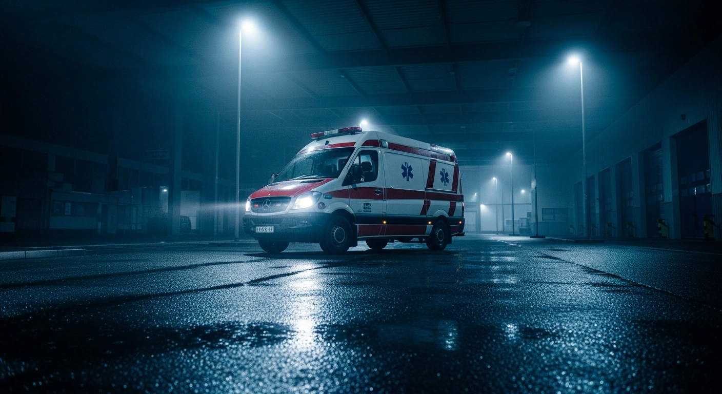 A parked ambulance sits idle at a depot during a national industrial action strike by Irish healthcare union members.