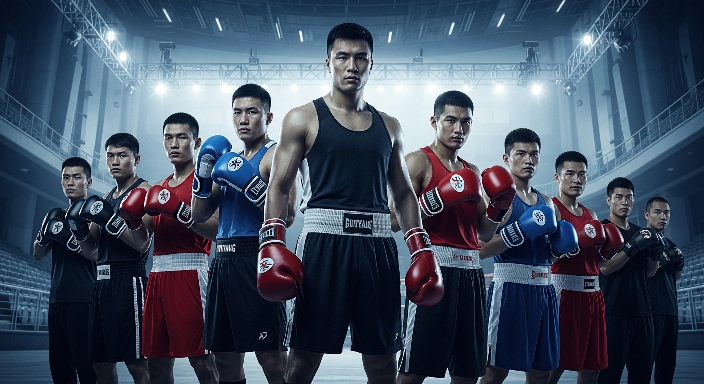 A squad of nine Irish boxers stands in a professional arena in Guiyang, China, preparing to compete in the World Boxing Cup.