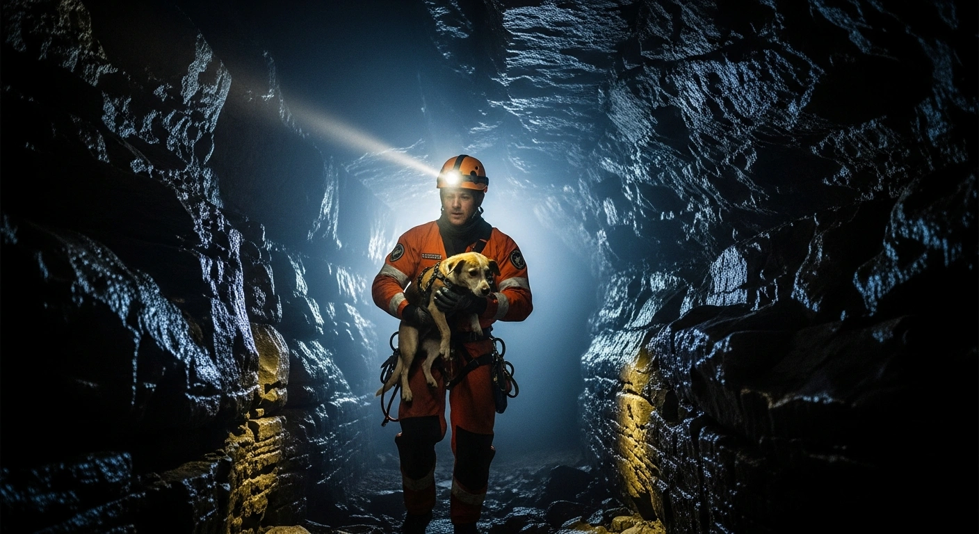 A member of the Irish Cave Rescue Organisation carries a rescued dog out of a dark cave system in County Mayo after a successful operation.