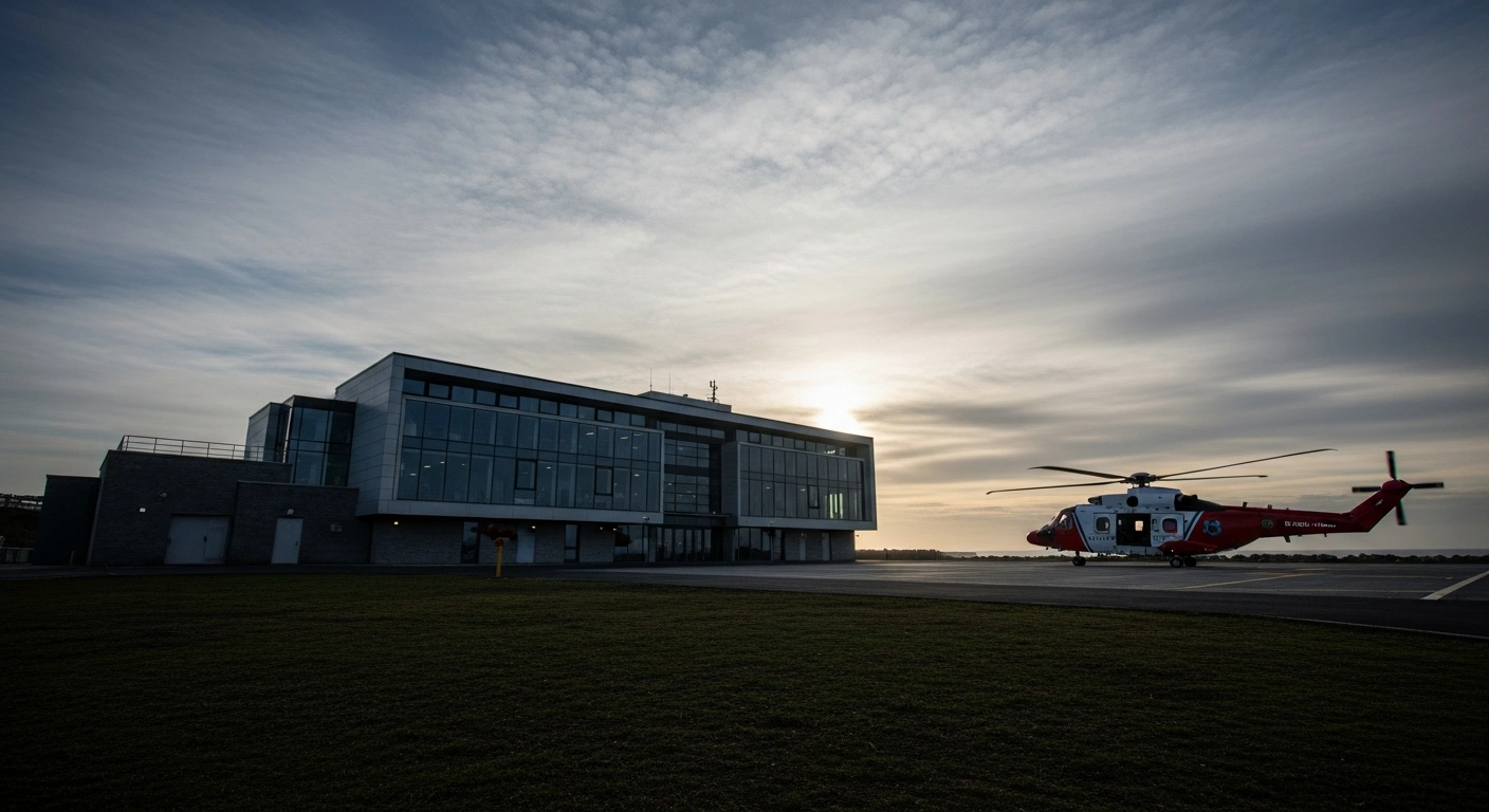 A modern, energy-efficient Irish Coast Guard station, reflecting the goals of the Building Strategy 2025 launched by Minister Seán Canney, stands on a rugged coastline at dawn, with a search and rescue helicopter preparing for launch, symbolizing enhanced maritime response capabilities across Ireland.