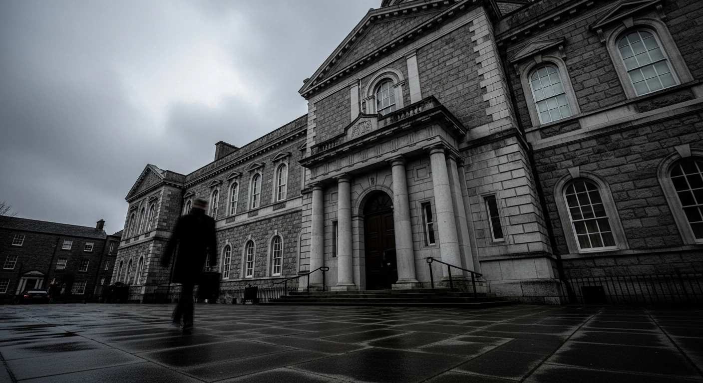 A somber stone courthouse stands under a cloudy sky following an intelligence-led operation by An Garda Síochána involving the seizure of explosives.