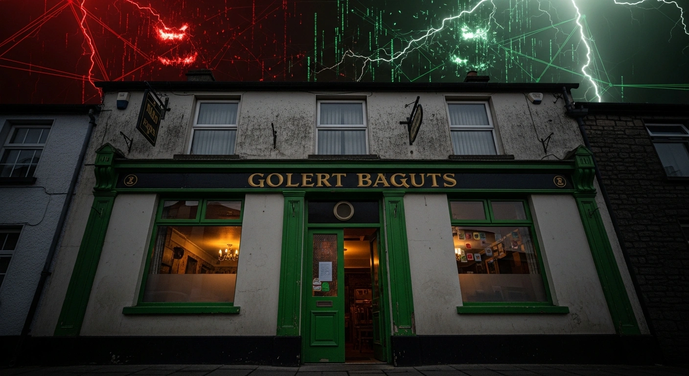 A low-angle, dramatic shot of a traditional Irish business facade, subtly lit with green, under the ominous, glowing red and green digital storm of abstract code and data, symbolizing the escalating cybersecurity threats and breaches, such as phishing and ransomware, impacting Irish companies.