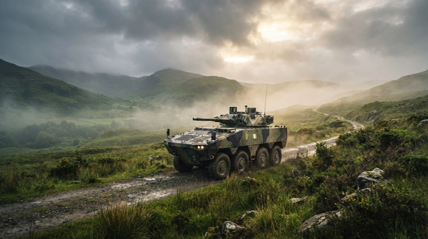 A modern armoured vehicle drives through a rural Irish landscape as part of the Irish Defence Forces modernization and procurement initiative.