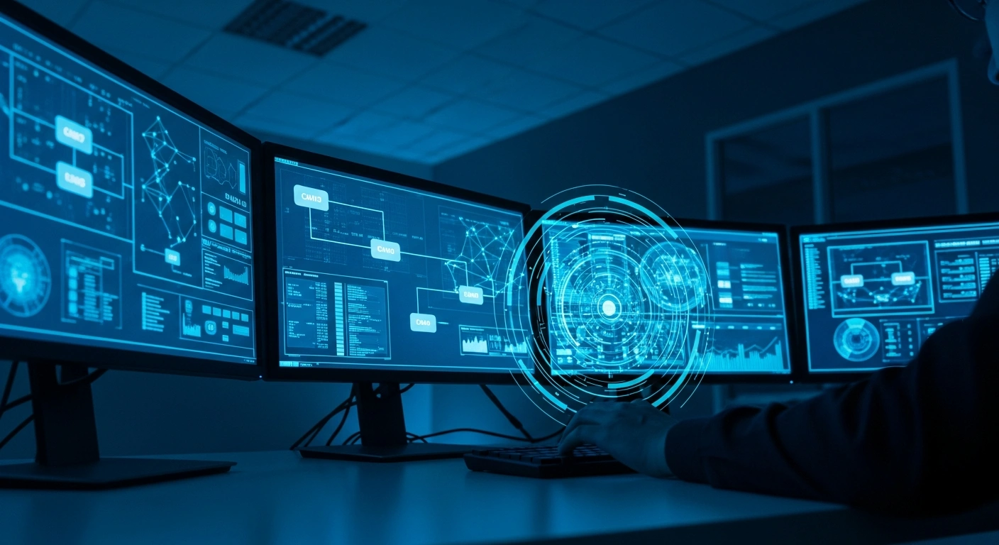A digital forensics investigator analyzes complex electronic data on multiple computer screens in a modern laboratory to support international criminal investigations.