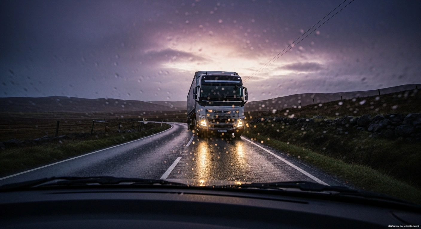 A weathered Irish road haulage truck drives on a desolate rural road at dawn, symbolizing the severe impact of new government-imposed fuel taxes and toll charges on transport companies and consumer costs in rural Ireland.