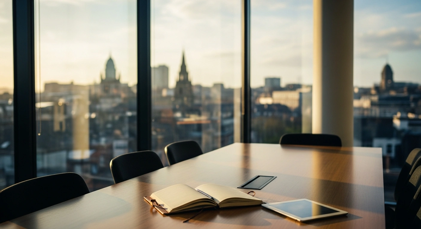 A modern office workspace with a notebook and tablet overlooking a city, representing the economic research into the Irish language in Northern Ireland.
