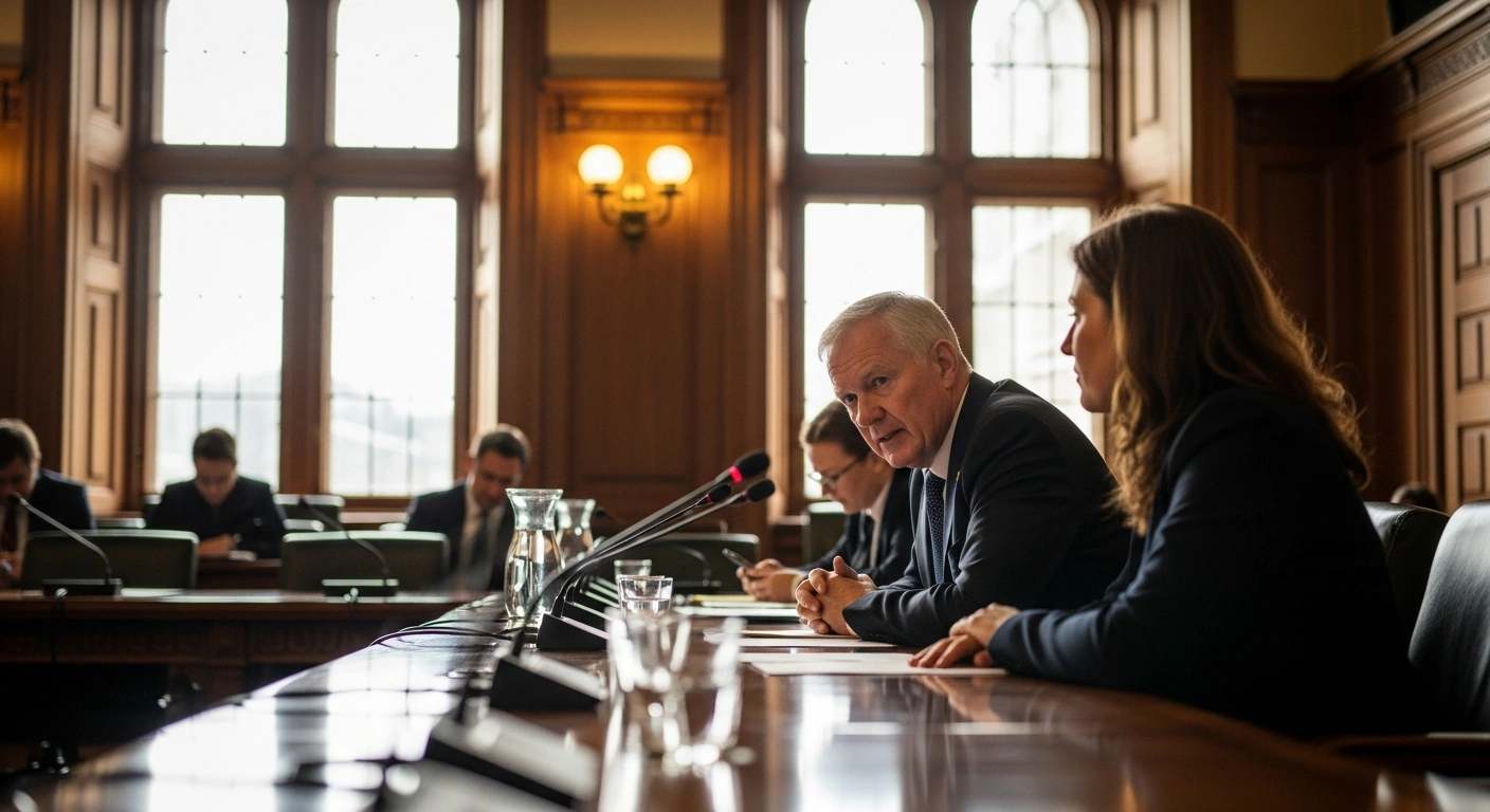 A diverse group of diplomats and parliamentarians, including an Irish committee member and an ambassador, are engaged in a focused discussion around a long mahogany table in a grand parliamentary committee room, symbolizing the ongoing EU enlargement process and Moldova's path to accession.