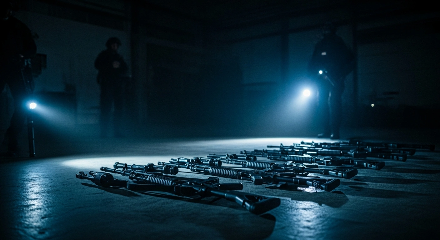 Irish law enforcement officers secure a cache of firearms seized during an investigation into an organized crime network.