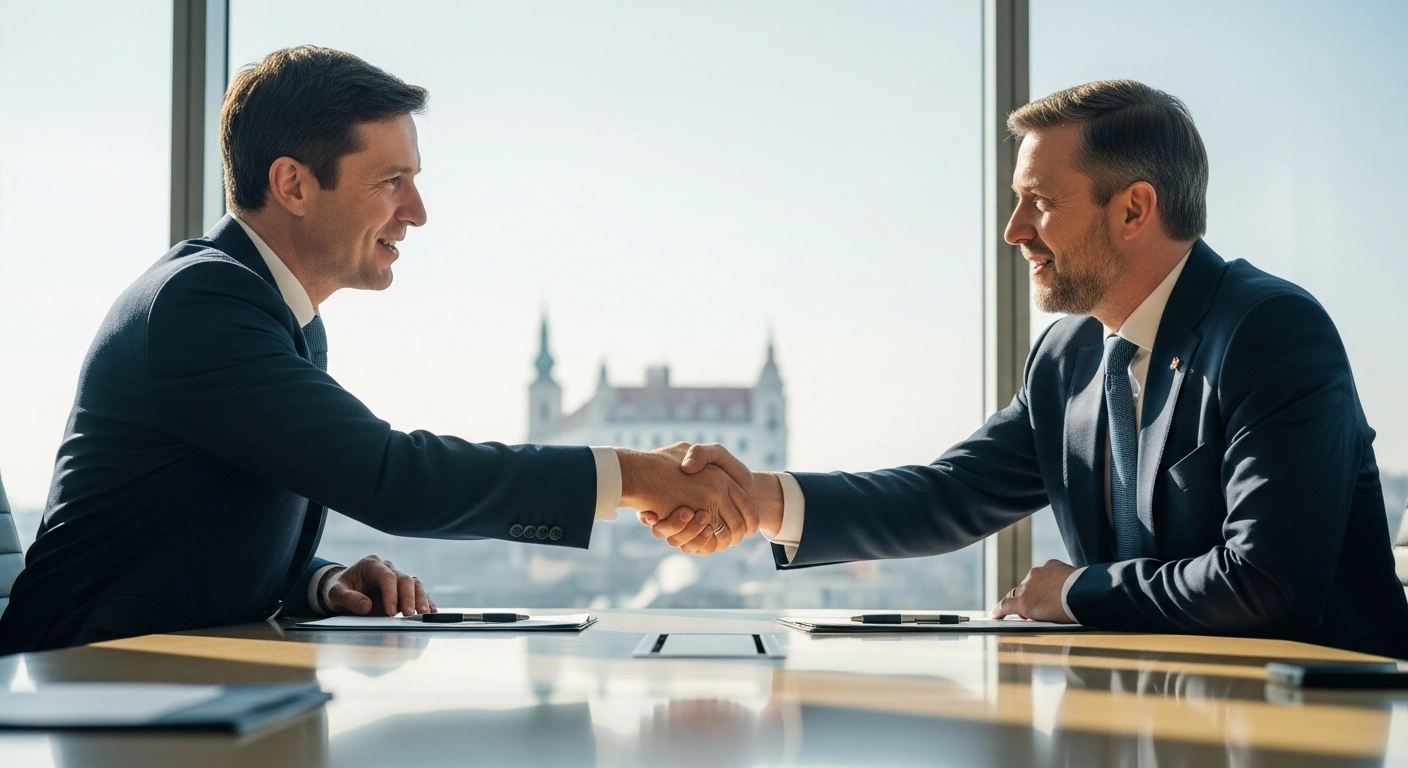 Irish Minister for European Affairs Thomas Byrne and a Slovakian dignitary shake hands across a polished conference table in a modern Bratislava conference room, symbolizing flourishing trade and cultural ties and discussions on Ireland's EU Council Presidency.