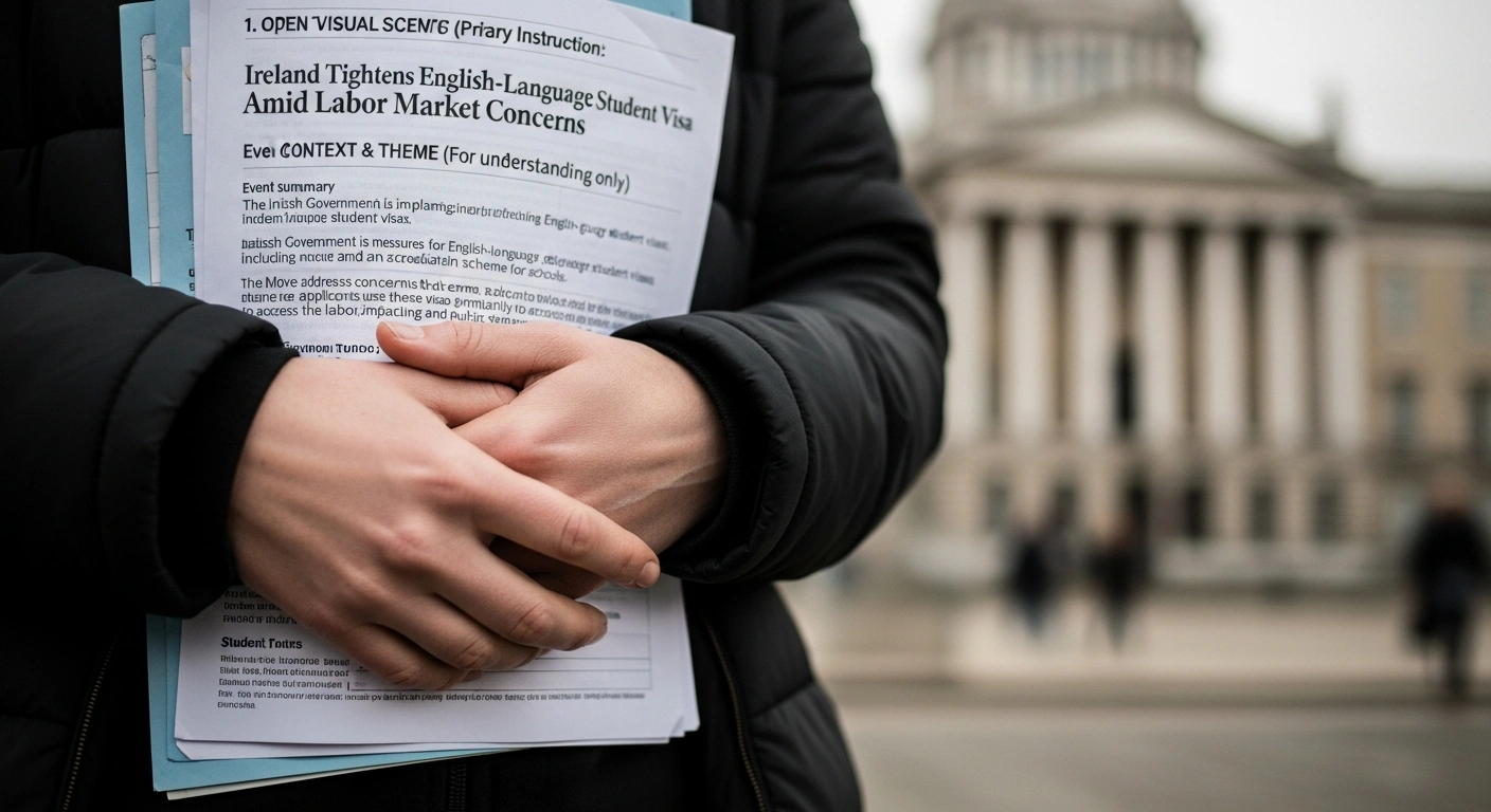 A young person's hands tightly grip official documents, symbolizing new, stricter Irish government measures for English-language student visas, including financial requirements and school accreditation.