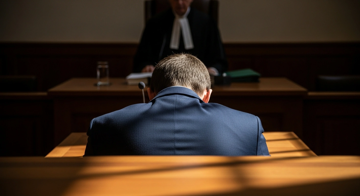 A young Irish man, accused of rape, sits hunched in a High Court, under harsh institutional lighting, as a judge's robes are visible in the background, symbolizing the trial proceeding despite his attempt to stop it.