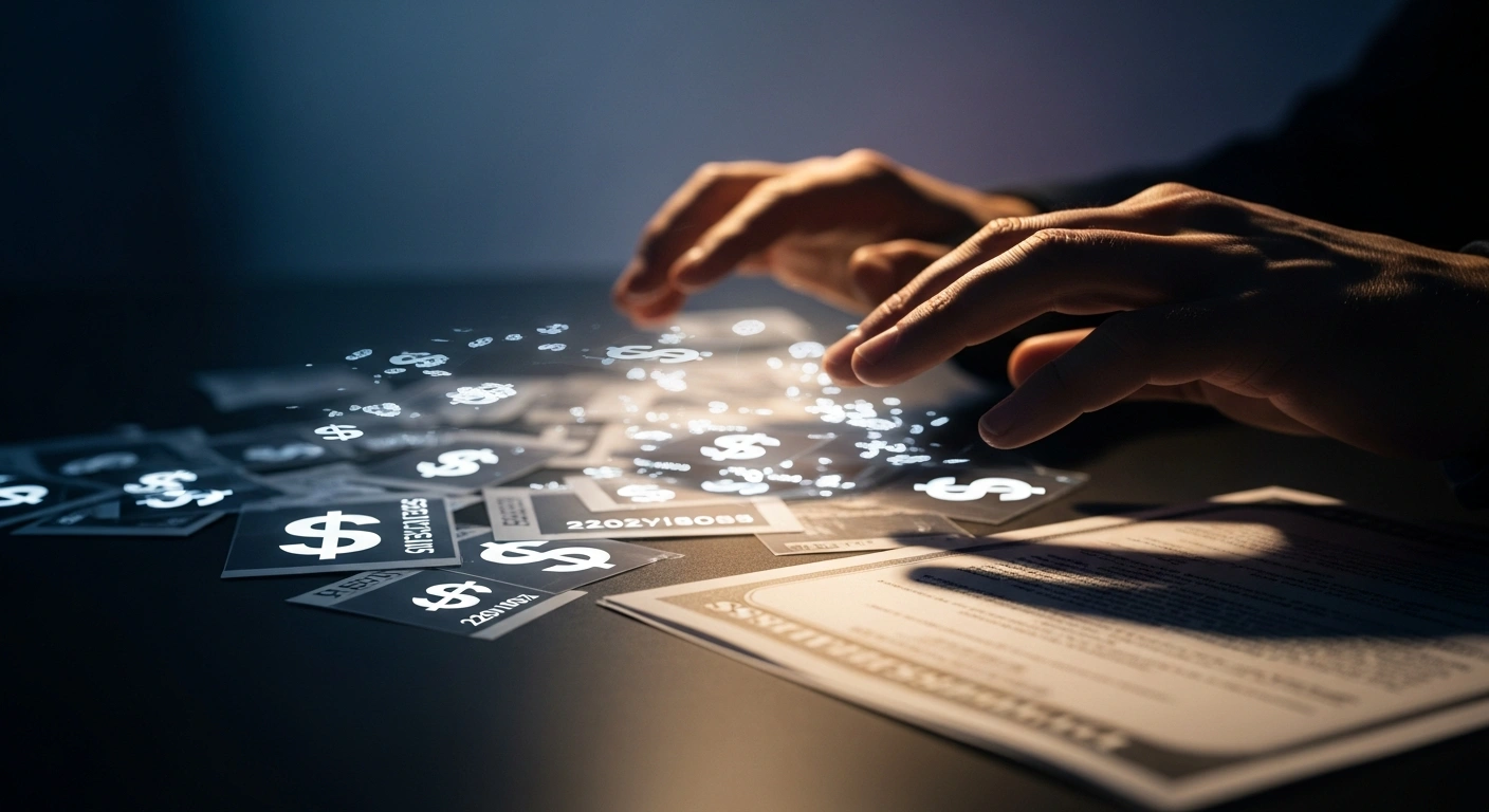 A person's hands hover over a chaotic display of glowing digital screens depicting abstract dollar signs and dates, while a clear, official government document in the foreground represents the IRS's clarification on unconfirmed $2,000 direct payments and the warning against scams.
