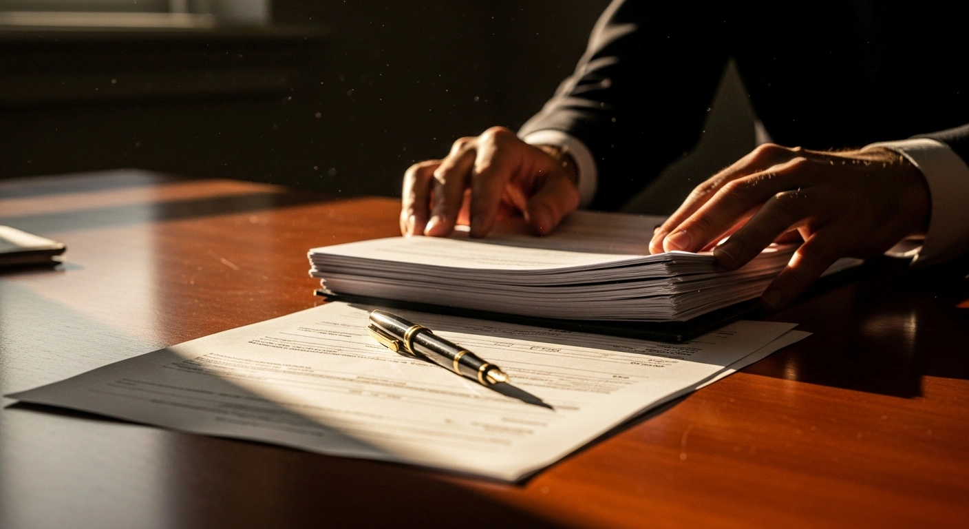 A person organizes financial documents on a desk as the April 15 federal tax filing deadline approaches.